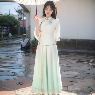 青绿色江南风旗袍大码胖mm清冷感女夏季新中式民国风套装千金女装