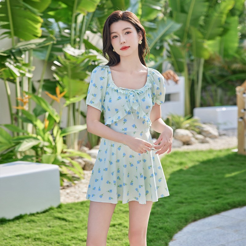 厂家直销25新款小清新连体泳衣女荷叶边蝴蝶结保守短袖妈妈游泳装