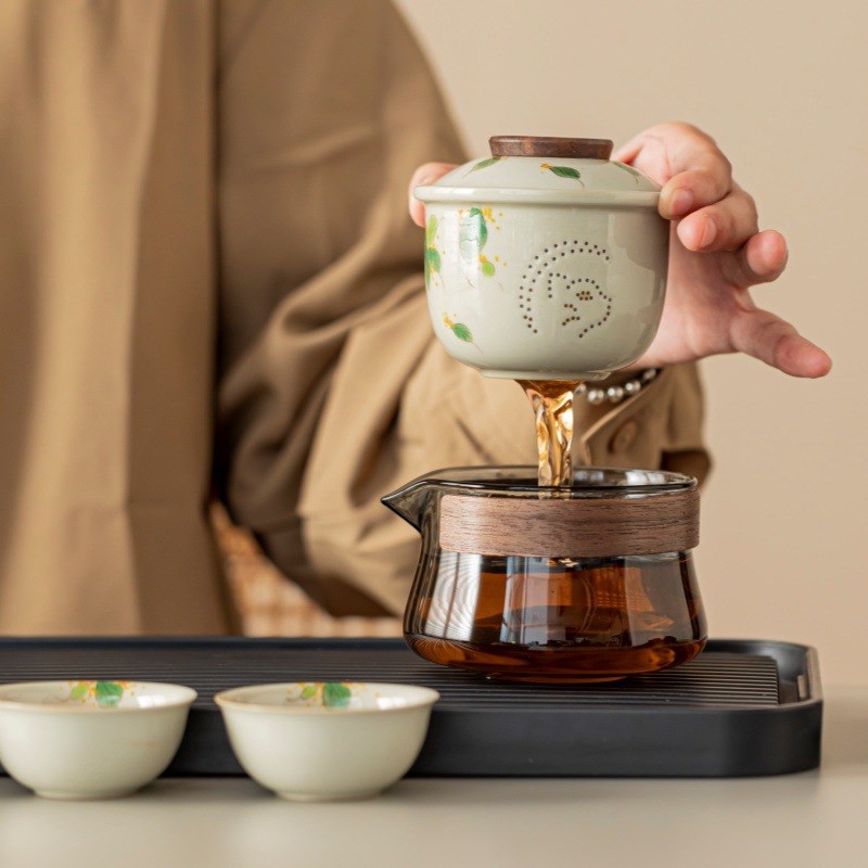 手绘桂花旅行茶具套装户外便携式泡茶装备玻璃快客杯一壶三杯草木