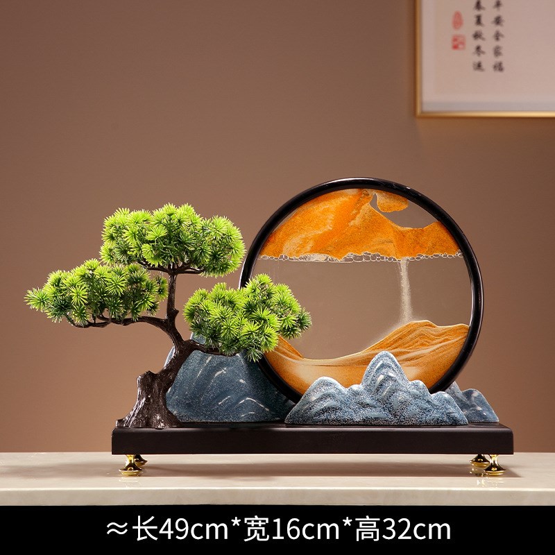 创意新中式流沙画摆件迎客松假山工艺品水墨江山酒柜玄关客厅