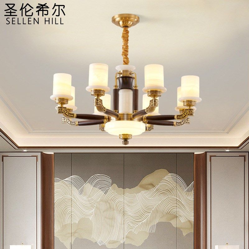 新中式全铜吊灯客厅大气现代简约实木餐厅酒店复式别墅云石大吊灯,家装灯饰光源,客厅吊灯,淘宝优惠券,粉丝福利购,淘宝优惠卷