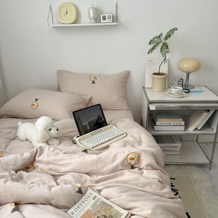 鹅教授柔软双层纱全棉四件套 毛巾绣纯棉床单床笠4件套单人三件套