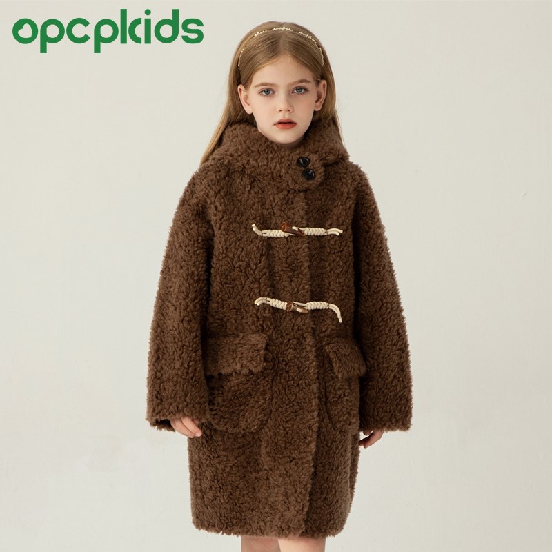 OPCP儿童皮草外套2024秋冬新款女童装提格拉多全羊毛一体宝宝大衣