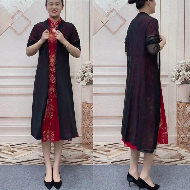 中年女装薄外套配连衣裙子外搭防晒衣夏装洋气配旗袍披肩网纱开衫