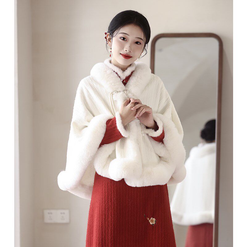旗袍敬酒服婚纱披风冬季中式婚礼新娘结婚毛披肩加厚斗篷外搭红色