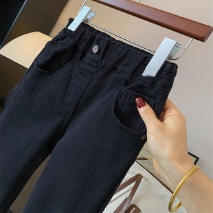 女童喇叭牛仔裤童装秋女中大童简约百搭高腰黑色水洗学生弹力修身