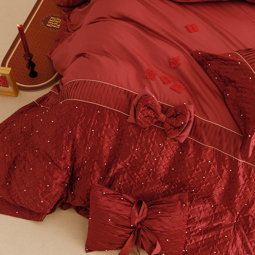 简约婚庆牀组四件套全棉立体蝴蝶结绣花红色结婚被套牀单牀上用品