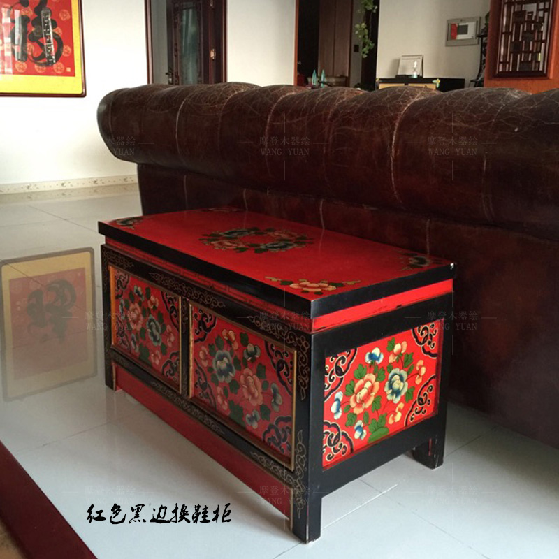彩绘仿古入门储物鞋凳收纳可坐入户换鞋凳实木贴墙门口坐着换鞋柜