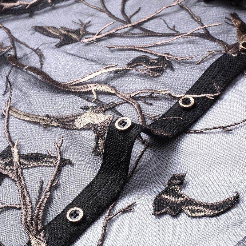 KTV男士透明工作服短袖衬衣夏季男装镂空衬衫修身个性感网纱上衣