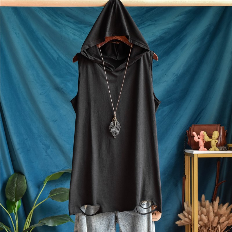 中长款卫衣叠穿打底连帽背心女宽松内搭纯棉破洞无袖打底衫吊带潮