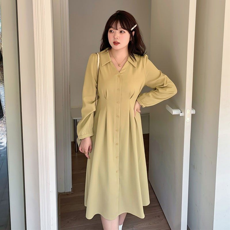 衬衫连衣裙2023秋季新款220斤胖mm加大码V领显瘦捏褶收腰a字长裙