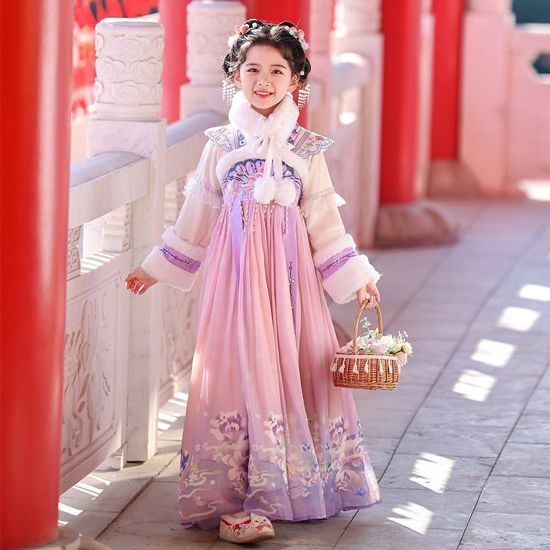 汉服女童冬装加绒中国风古装公主裙儿童秋冬季加厚古风唐装连衣裙