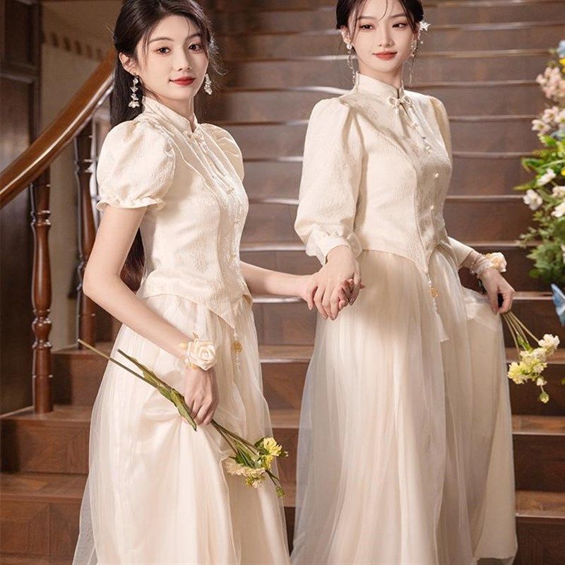 中式伴娘服2024秋冬新款姐妹团国风小个子礼服高级感平时可穿显瘦