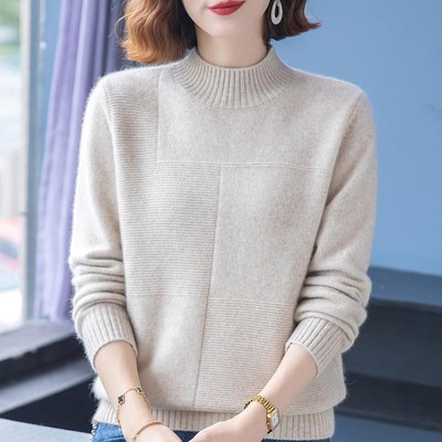 羊毛衫女秋冬季半高领毛衣宽松加厚保暖中年妈妈装针织上衣打底衫