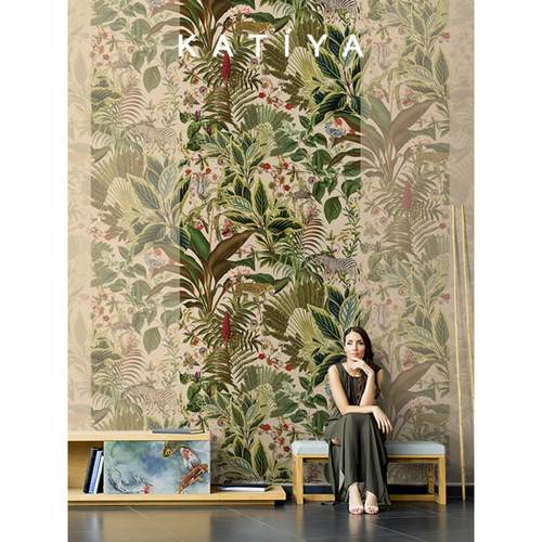 Katiya美式东南亚动物墙布热带3d风格电视背景墙壁纸手绘定制壁画