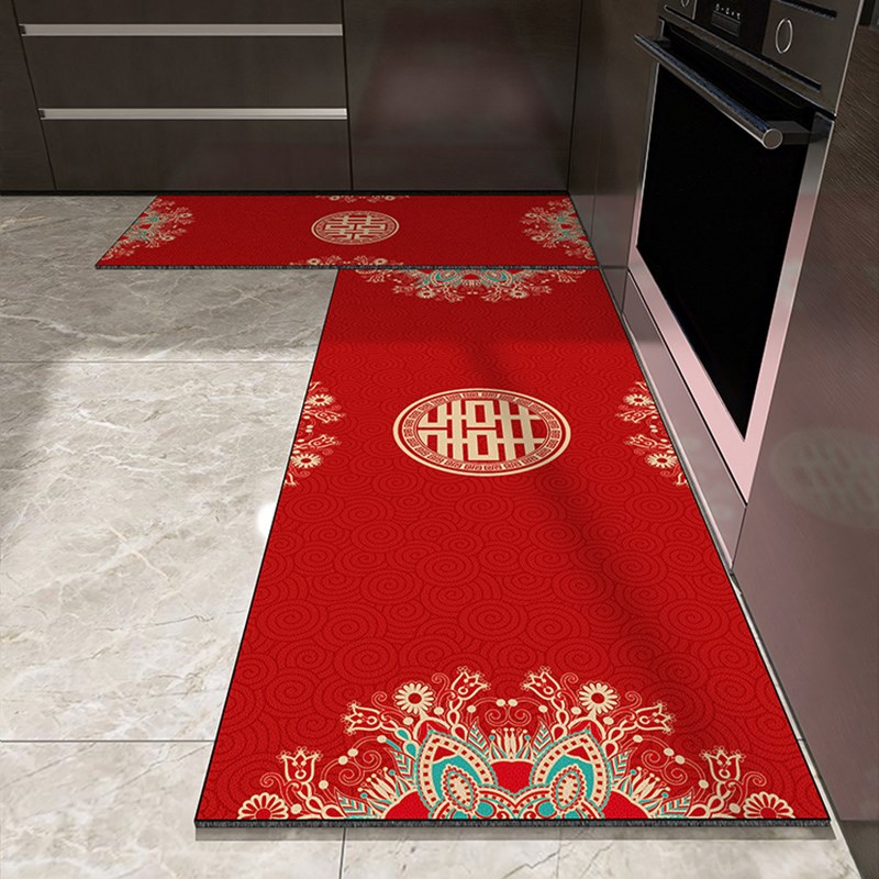 大红喜庆结婚皮革厨房地垫防水防油耐刮蹭地毯家用脚垫玄关防滑垫