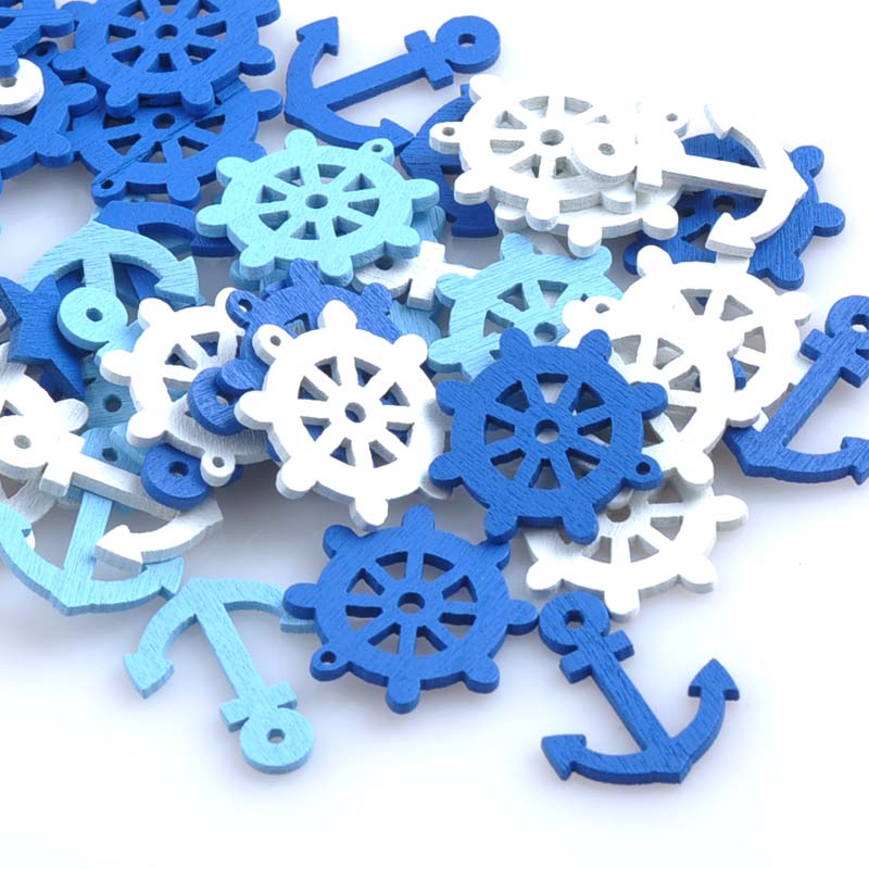 100粒/包25mm船锚船舵纽扣航海儿童DIY手工画配件混装 装饰木片