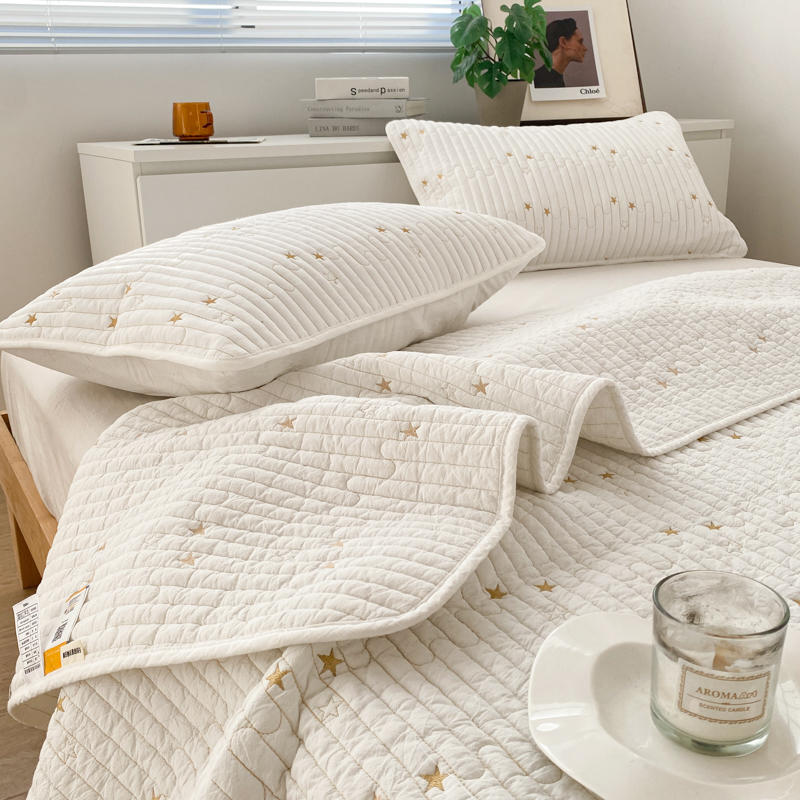 婴儿用A类全棉色织水洗棉纯棉榻榻米床盖三件套星星夹棉床单绗缝