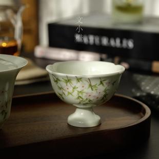 文小橙手绘蔷薇花高足杯主人杯茶室陶瓷品茗杯女士喝茶专用杯子