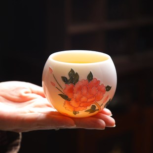 手绘浮雕陶瓷杯品茗杯礼盒装 羊脂玉白瓷喝茶杯单杯主人杯家用中式