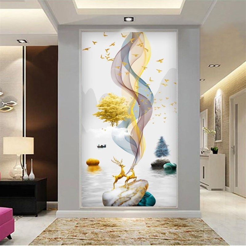 现代玄关壁纸石来运转走廊过道竖背景墙麋鹿复式楼壁画墙布,家装主材,无纺布墙纸,淘宝优惠券,粉丝福利购,淘宝优惠卷