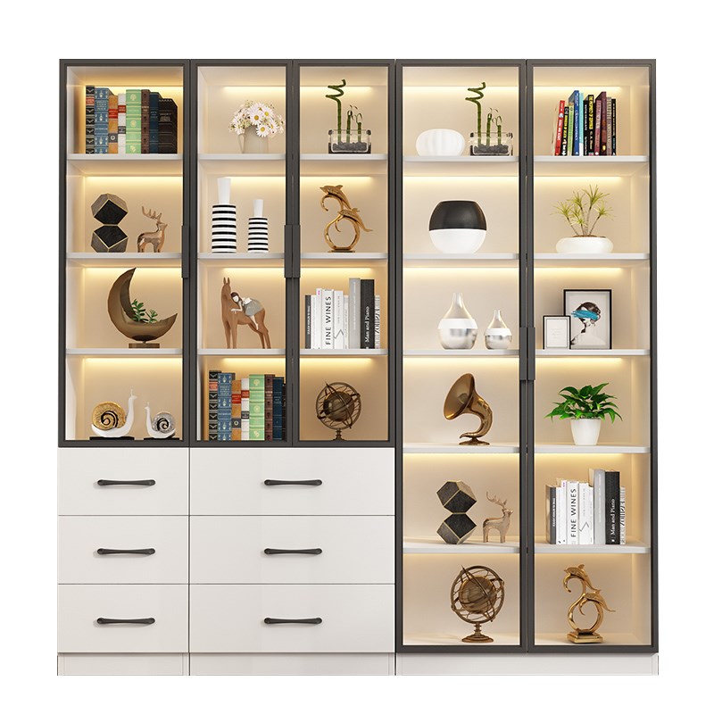 实木书柜组合家用书架防尘带玻璃门客厅一体书橱整墙组合书架置物