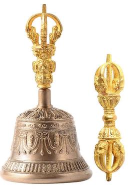 241668 泊尔工铜鎏金五手股金刚铃五钴铃杵尼佛具响铃铜铃铛 摆件