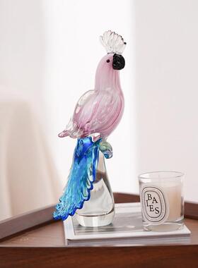 艺玻璃鹦间鹉鸟混彩艺术摆件术轻奢工手吹制玻璃客厅琉璃鹦鹉样板