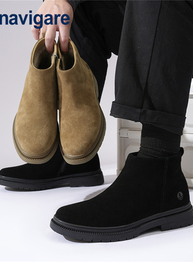 Navigare意大利小帆船加绒男款靴子2025冬季新款牛皮黑色切尔西靴