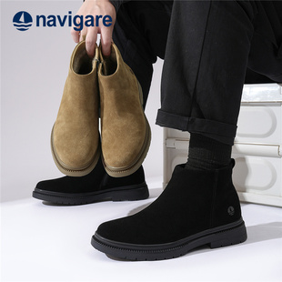 Navigare意大利小帆船加绒男款靴子2025冬季新款牛皮黑色切尔西靴
