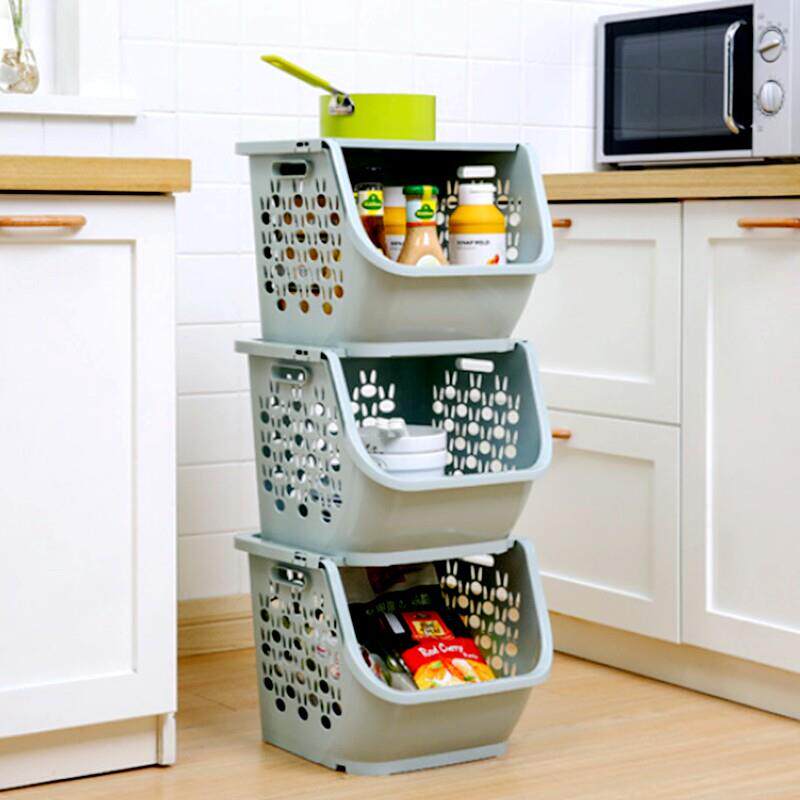 日式厨房塑料收纳层架放蔬菜水果置物架菜架子落地多层置物筐免打