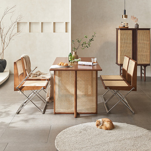 藤编制品昌迪加尔侘寂中古家具设计师餐椅复古藤编实木