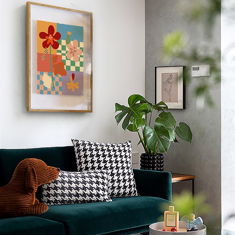 向花打招呼 复古in风棋盘格花卉悬浮装裱边柜装饰画咖啡厅挂画