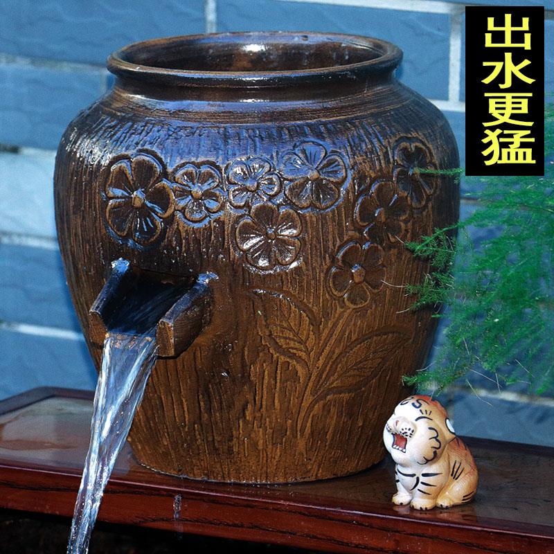 大号陶瓷陶罐流水过滤生态养鱼低吸水泵复古水培盆瀑布鱼缸摆件高