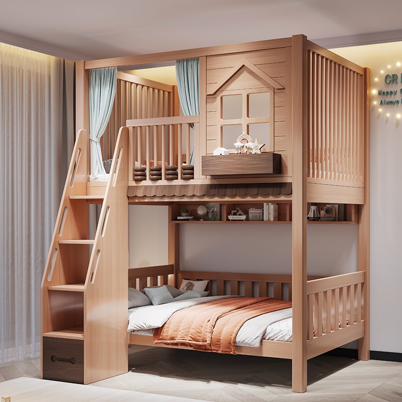 儿童全实木加高护栏上下床子母床多功能滑梯高低床上下同宽平行床