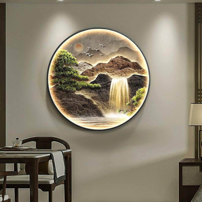 流水生财玄关装饰画级感灯画大气山水画客厅挂画新圆形壁画,家居饰品,现代装饰画,淘宝优惠券,粉丝福利购,淘宝优惠卷