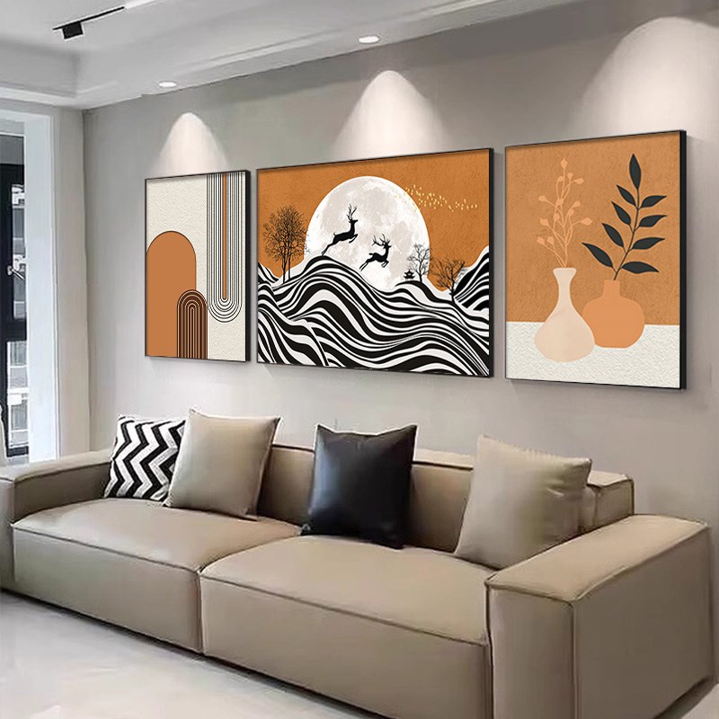 现代轻奢福鹿客厅装饰画三联组合沙发背景墙挂画简约抽象线条壁画图片