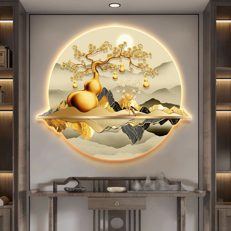 五福临门葫芦入户玄关装饰画走廊过道挂画客厅背景墙山水画壁灯画