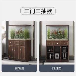 鱼缸柜实木底柜超白缸海缸地柜带I抽屉描金水族箱水草缸架 新中式