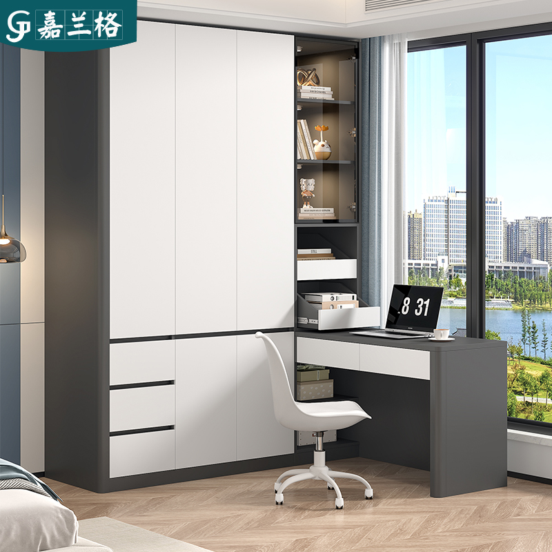 90度转角书桌衣柜一体家用卧室小户型L型衣柜连书桌柜子953