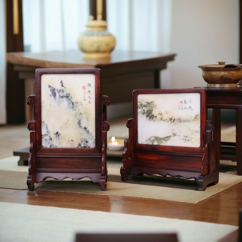 中式大红酸枝台屏红木复古云石小屏风古风装饰摆件工艺品实木古典