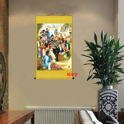 八仙打麻将卷轴画麻将馆家居装饰画客厅会所人物丝绸画八仙图挂画