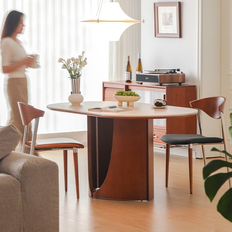 莱陌复古实木岩板餐桌家用客厅设计师中古桌子长方形饭桌