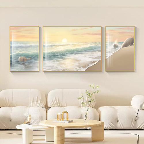 奶油风日出边风景客厅饰画蓝色浪沙发背景墙壁画画