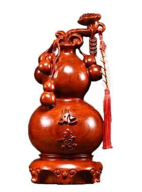 梨木雕如意葫芦一对瓶实木客厅红木质家居装饰送礼品