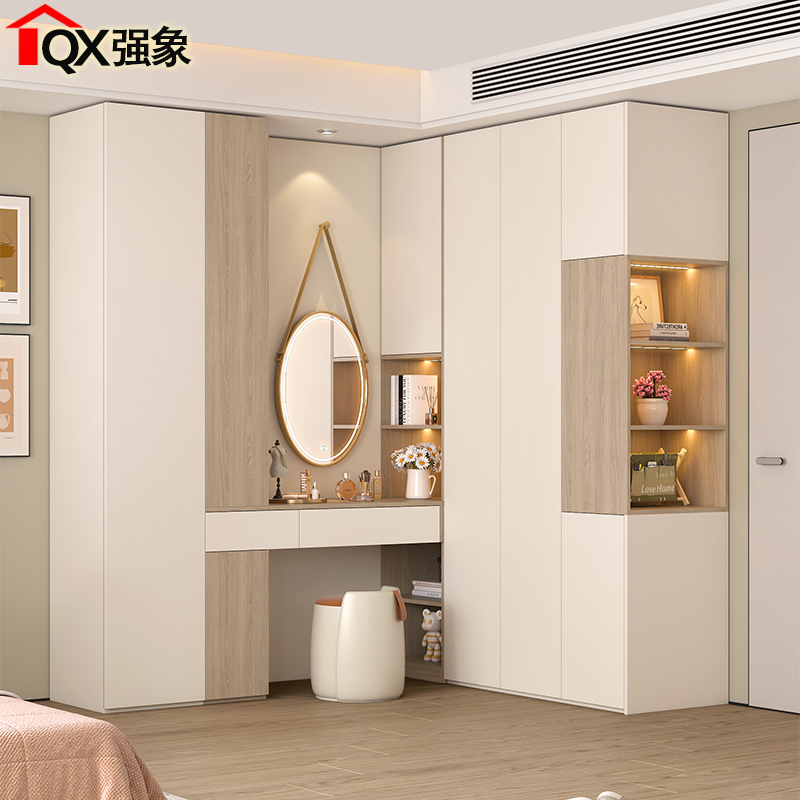 奶油风转角衣柜梳妆台一体小户型卧室家用大容量衣柜书桌9