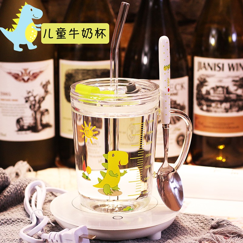 儿童牛奶杯带刻度玻璃吸管有把手微波炉加热宝宝早餐大容量in