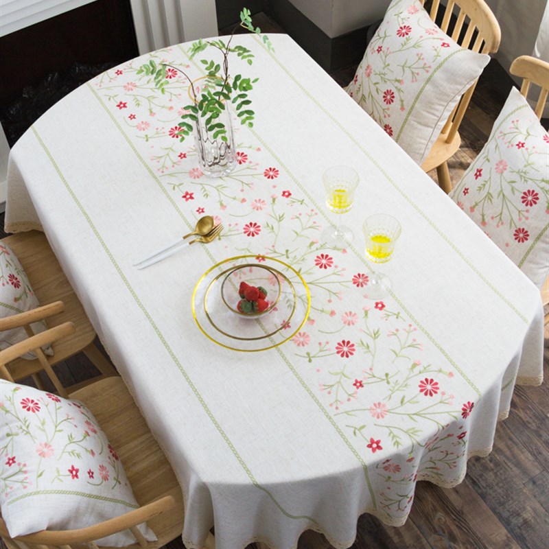 定制伸缩折叠桌长椭圆形餐桌布刺绣小花棉麻纯色桌布茶几台布布艺