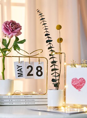 现代风家居客厅桌面日历书桌创意铁艺水养插装饰品