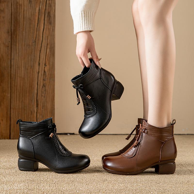 真皮短靴女2025秋冬新款粗高跟马丁靴复古蝴蝶结防滑保暖妈妈靴子